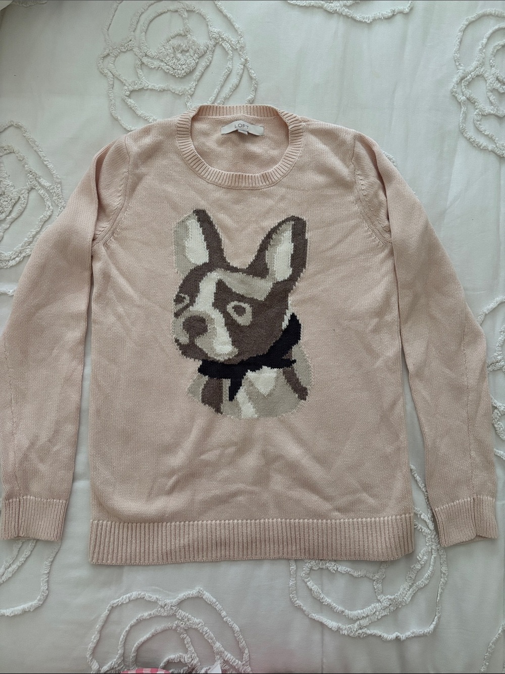 Loft Pink French Bulldog knit Crewneck Sweater